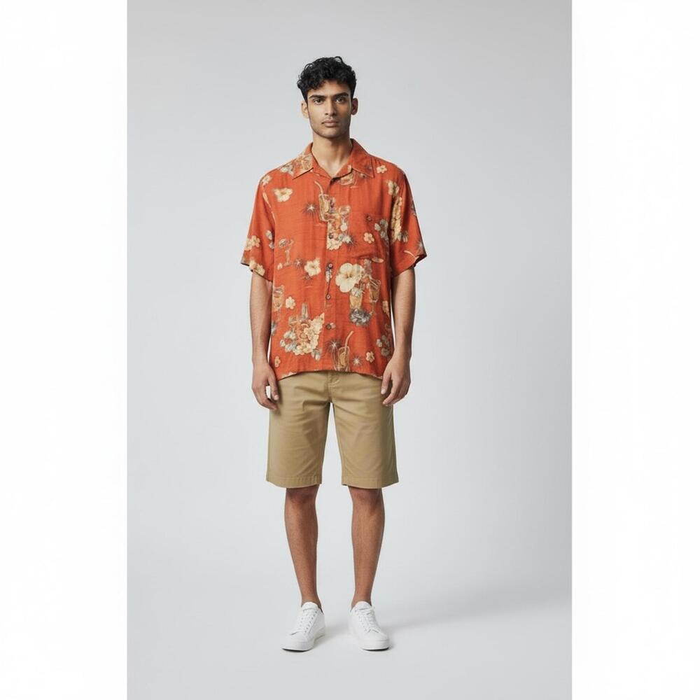VTG Imprints Orange Floral & Cocktails Hawaiian Button-Up Shirt, Size M